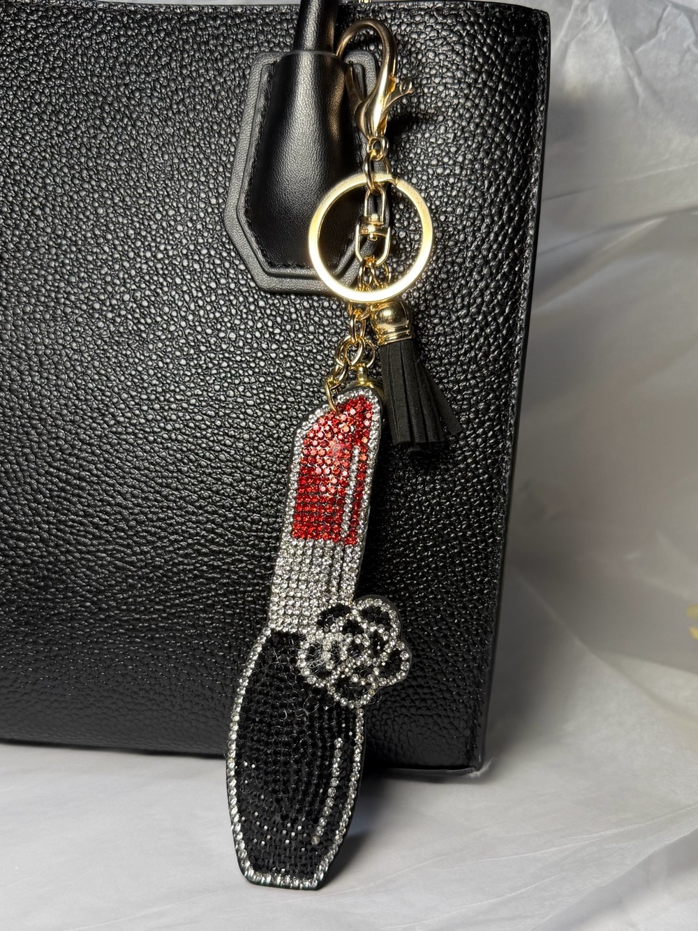 Crystal Lipstick Key & Bag Charm - Black, Red and Silver